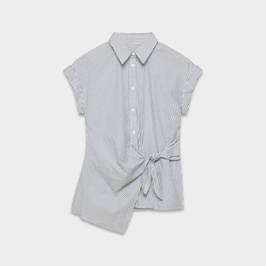 Blusa de mujer a rayas con botones, lazo lateral en la cintura y manga casquillo - Product Image 4