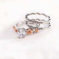 Mode 3 pièces Rose fleur empilable anneau brillant rond cubique Zircon anneau ensemble femmes mariage promesse Couple anneau saint valentin cadeaux