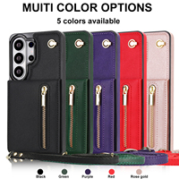 Étui portefeuille zippé avec sangle, porte-cartes, étui bandoulière avec cordon, housse en cuir pour Samsung S26 Ultra 25 Plus 24