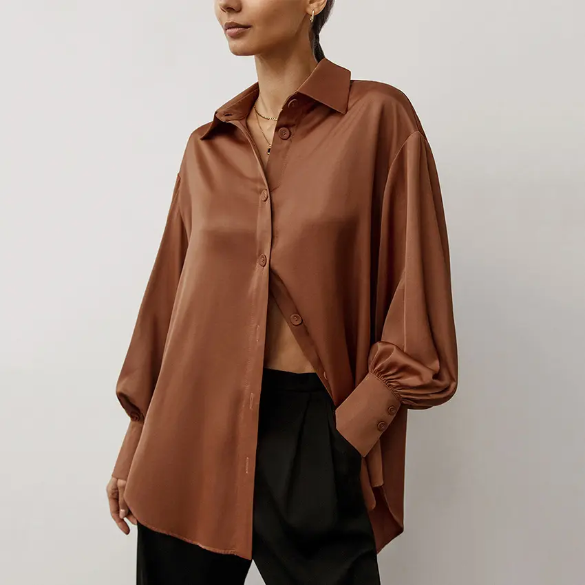 2022 New Women's Fashionable Classy Quality Chiffon Draping Satin Shiny Top Shirt Autumn Artificial Silk Mid-Length Brown Shirt