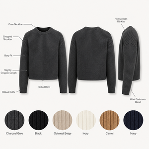 Maglione da uomo pesante in misto lana e cashmere, lavorato a coste, vestibilità ampia, girocollo spesso, spalle scese, pullover grosso, all'ingrosso - Product Image 4