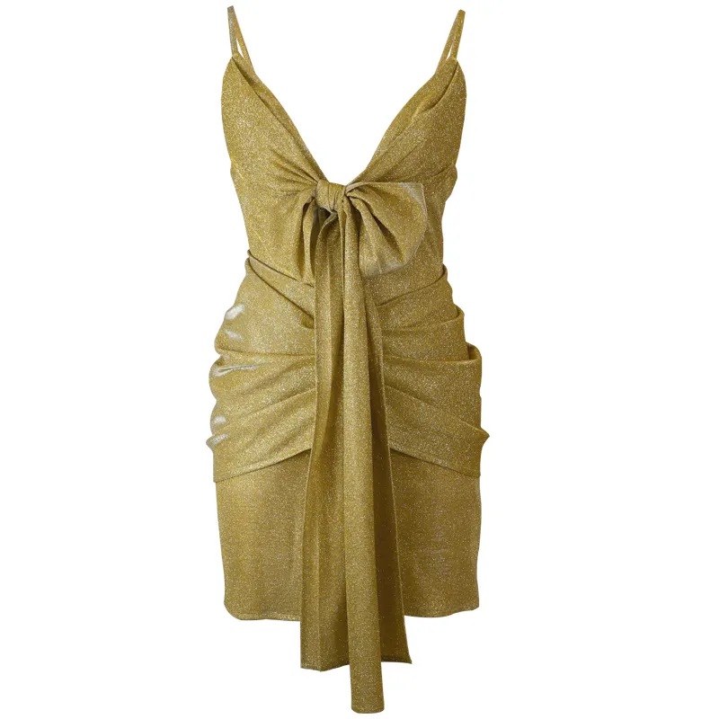 European Gold Shiny Sleeveless Bowknot Frilled Tight Club Evening Dress