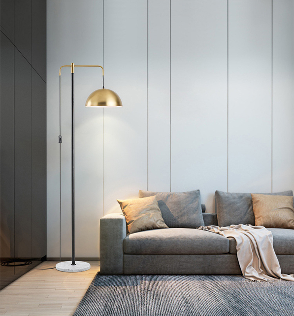 Art Deco Floor Lamp Round Marble Base Swing Arm Golden Dome Shade for Bedroom Study Minimalist Adjustable Hanging Cord Lighting