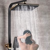 Ensemble de robinetterie de douche thermostatique moderne en acier inoxydable noir et or, avec pommeau de douche, douchette à main, bec de baignoire et douchette bidet, à montage mural apparent