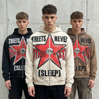 Sweat-shirt streetwear en coton épais à coupe carrée, coupe courte, finition délavée à l'acide, fermeture éclair intégrale, imprimé numérique, épaules tombantes, vente en gros