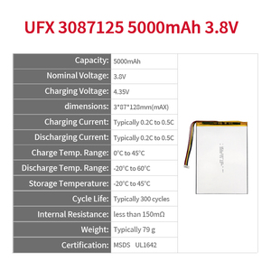 Wholesale China Factory 3.8v <strong>Lipo</strong> <strong>Battery</strong> Polymer <strong>Battery</strong> UFX 3087125 <strong>5000mAh</strong> Rechargeable <strong>Lipo</strong> <strong>Batteries</strong> Customized UL1642 OEM - Product Image 2