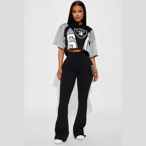 2023 Customized High Quality Women's Clothing Women's Cropped Mesh Fashion Top-Black And Black Fleece Flare Pant