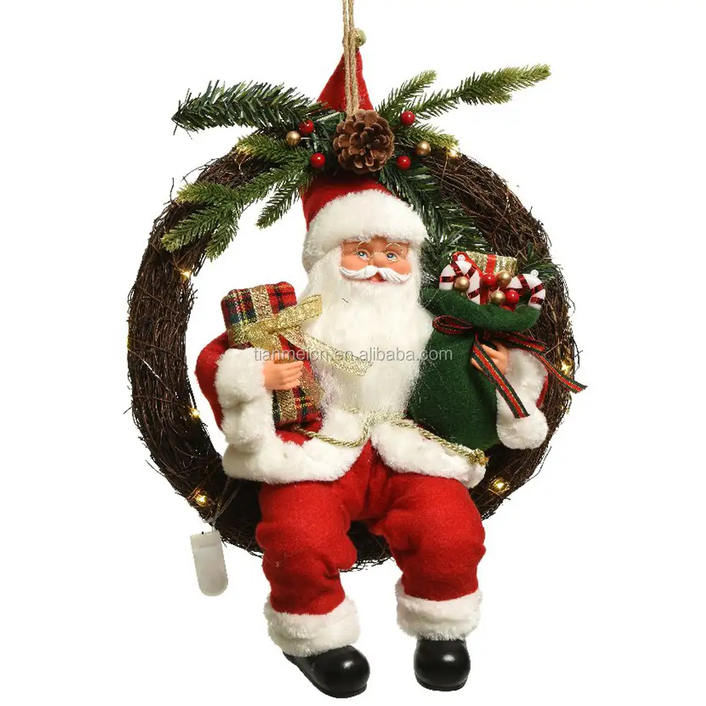 Decoração de natal boneco de 45cm, guirlanda sentado, led, papai noel, festa de natal, ornamentos