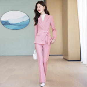 Women's Beige Suit Set Full Sleeve Polyester Spring Office Lady Anti-Wrinkle Wide Leg Pants Professional Formal Wear - Product Image 3