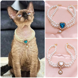 Collier de perles double couche pour animaux de compagnie, pendentif en forme de cœur, collier pour chat et chien, blanc, bleu, or, vert, bijoux en plastique durables - Product Image 5