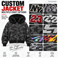 Veste à capuche zippée personnalisée, camouflage noir délavé, coupe oversize, capuche en fausse fourrure épaisse, style streetwear, fournisseur en gros pour marques