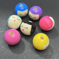Manik-manik kayu bentuk kepala boneka tersenyum 25mm, bulat, untuk dekorasi gelang Natal, bahan DIY buatan tangan