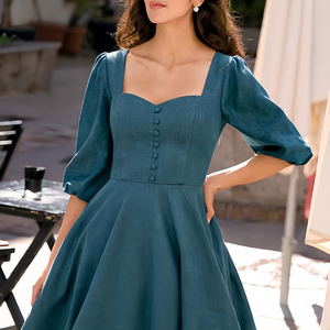 Vestido Midi Plisado Casual de Manga Corta con Cuello Cuadrado de Alta Calidad al por Mayor Personalizado OEM para Mujer Talla Grande - Product Image 4