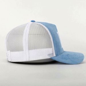 Casquette Trucker OEM Personnalisée de Haute Qualité à 5 Panneaux pour Hommes et Femmes, avec Logo Brodé 3D, en Velours Bleu Ciel et Maille, Fermeture Snapback - Product Image 4