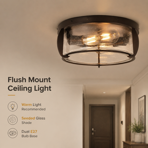 Plafonnier rond moderne en fer et verre, luminaire décoratif d'intérieur, idéal pour un salon, une chambre à coucher, un couloir, double ampoule E27 - Product Image 2