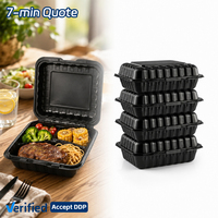 Contenedor de Alimentos Desechable Negro SOTON de Plástico MFPP con 3 Compartimentos, Tipo Concha, con Bisagras, Libre de BPA, Apto para Alimentos, con Logotipo Personalizado
