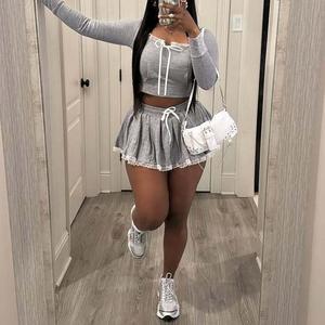 Latest Hooded Long Sleeve Lace <b>Patchwork</b> Mini Sports Pleated <b>Skirt</b> Women Sets Fashion - Product Image 1