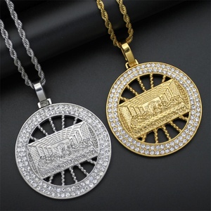 Venta Directa de Fábrica, Collar con Colgante de la Última Cena, Cadena de Acero Inoxidable con Cuentas de Circonio Chapadas en Oro - Product Image 1