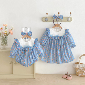 Tutina per Bambine in Stile Coreano con Stampa di Tulipani Blu, Maniche Lunghe e Fascia Abbinata per Uso Quotidiano e Servizi Fotografici - Product Image 1