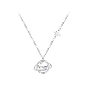 Collar con Colgante de Plata Fina 999 con Zirconia en Forma de Planeta y Estrella, Joyería Fina Elegante y Delicada, Regalo para Mujeres y Niñas, para Uso Diario - Product Image 1