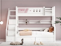 Lit superposé moderne pour enfants avec tiroirs et escalier, en bois écologique blanc et rose pêche, durable pour chambres et appartements