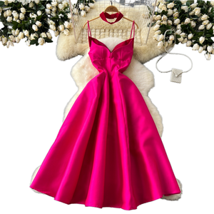 Robe Midi Empire Française Formelle Unie Brodé Col V Bretelles Fines Coupe Évasée Féminine - Product Image 1