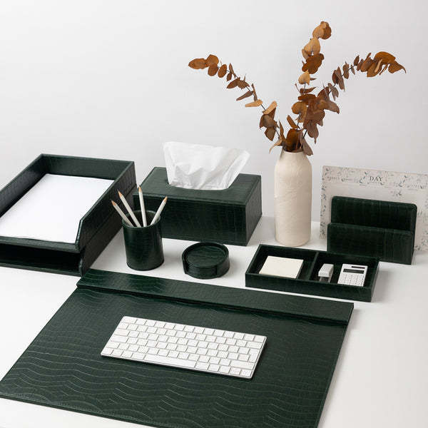 Professional Modern Dark Green Crocodile Leather +MDF Office Desk Set 10 Pieces Organizer Stationery Leather Desk Organizer Set