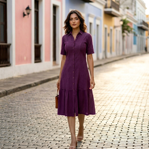 Robe chemise en lin et coton violet, longueur midi, manches courtes, col rabattu, boutonnée devant, décontractée, pour tous les jours - Product Image 1