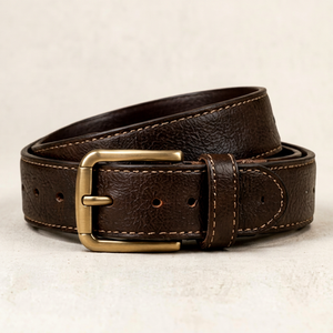 Ceinture en cuir véritable marron uni avec boucle ardillon rectangulaire en cuivre, décontractée et durable pour homme - Product Image 1