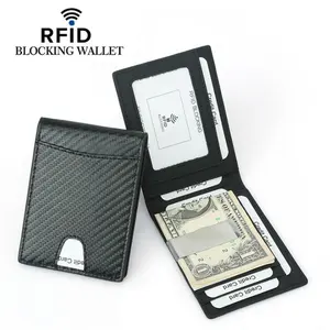 Billetera de fibra de carbono con Clip para dinero para hombre, portatarjetas con bloqueo RFID, bolsillo frontal Delgado, minimalista, Mini, plegable, con caja de regalo