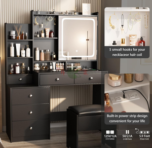 Table de maquillage moderne <span class=keywords><strong>avec</strong></span> <span class=keywords><strong>miroir</strong></span>, 6 tiroirs, étagère, prise de courant, 2 couleurs (noir/blanc) - Product Image 5
