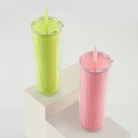 Nouvelle tasse à paille à double paroi à rayures verticales, design en plastique anti-fuite, grande capacité, moderne, minimaliste, portable pour voiture et maison