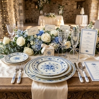 Assiettes de présentation élégantes en céramique festonnée, motif floral bleu, en porcelaine, pour mariage, assiettes rondes pour salade et dessert, pour la maison