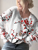 Pull en tricot pour femme, motif fleur de prunier rouge, nouveau style chinois 2026, col en V, coupe oversize, imprimé floral numérique