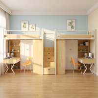 Meubles modulaires pour dortoirs universitaires : armoire en bois, étagères intégrées, système de lit en métal, lits mezzanine avec bureau