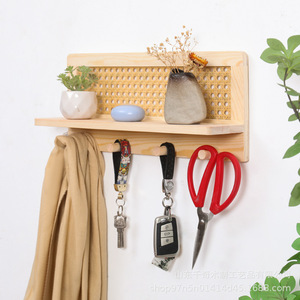 Solid Wood Rattan Storage Rack <b>Wall</b> <b>Mounted</b> Key Holder With <b>Shelf</b> For Entryway Decor Natural Color Rectangle Shape - Product Image 3