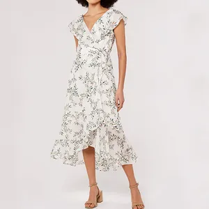 High Quality Up Women's Dress Flower Ruffle Dress 2024 Spring / Summer Beach Bohemian V Neck Chiffon Casual Dresses Floral