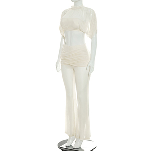 Conjunto Casual para Mujer Viviblook J26ST228, Top Corto de Malla Transparente de Color Sólido y Pantalones Acampanados, Conjunto de Dos Piezas para Damas - Product Image 3