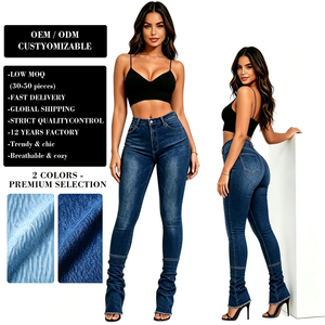 Jean en denim extensible pour <span class=keywords><strong>femme</strong></span>, taille haute, froncé, coupe bootcut <span class=keywords><strong>évasée</strong></span>, décontracté - Product Image 1