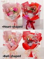Vente flash - Bouquet de fleurs de savon en forme de rose éternelle et d'ours en peluche en forme de cœur, couleur personnalisée, 28x20cm, Saint-Valentin, Fête des Mères