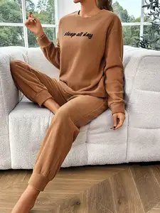 Conjunto de pijama de lã polar para mulheres, roupa loungewear de gola redonda, roupa quente de inverno