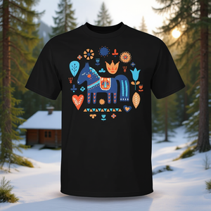 Camiseta con diseño de caballo Dala sueco, arte popular, tradición nórdica, para hombre, negra, talla mediana, cuello redondo, manga corta, impresión digital - Product Image 2