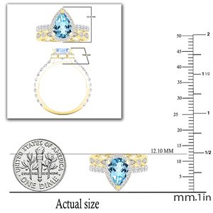 Anillo de boda personalizado con topacio azul en forma de pera de 9x6 mm y halo de diamantes blancos redondos cultivados en laboratorio para mujer, en oro amarillo macizo real de 14K. - Product Image 3