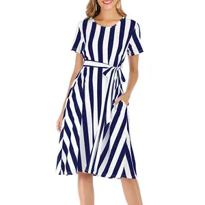 Factory direct sale latest design women's striped retro round neck short sleeve casual dress classic dress elegant