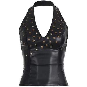 Faux <b>Leather</b> <b>Halter</b> <b>Top</b> Women Bodycon Crop <b>Top</b> With Rivets Clubwear Fashion Shirt - Product Image 5