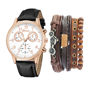 Ensemble de montres à quartz décontractées à la mode pour hommes, <span class=keywords><strong>bracelet</strong></span> en cuir de vachette tissé à deux cercles, 5 pièces/ensemble, type d'entreprise avec affichage du <span class=keywords><strong>cadran</strong></span> et pointeur - Product Image 3