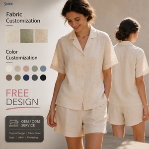 Set Due Pezzi Estivo Casual da <span class=keywords><strong>Donna</strong></span> Personalizzato all'Ingrosso, 100% <span class=keywords><strong>Lino</strong></span>, Collo Tondo, Bottoni Frontali, Manica Corta, Vestibilità Comoda, Lunghezza Media - Product Image 1