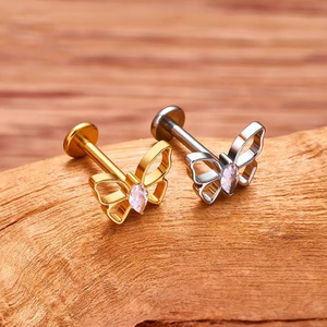 Titanium Lip <b>Stud</b> Butterfly Shape F136 Titanium Alloy Piercing Jewelry For Lip <b>Cartilage</b> <b>Studs</b> With Crystal Inlay - Product Image 4