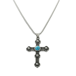 <b>Cross</b> Pendant Necklace Stainless Steel Turquoise Inlay Men's Fashion Jewelry Gift Geometric Design Bezel Setting 120172 - Product Image 3