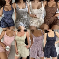 Ensemble pyjama pour femmes de style européen et américain, col carré, sans manches, 2 pièces, motif floral, shorts avec poches, taille élastique